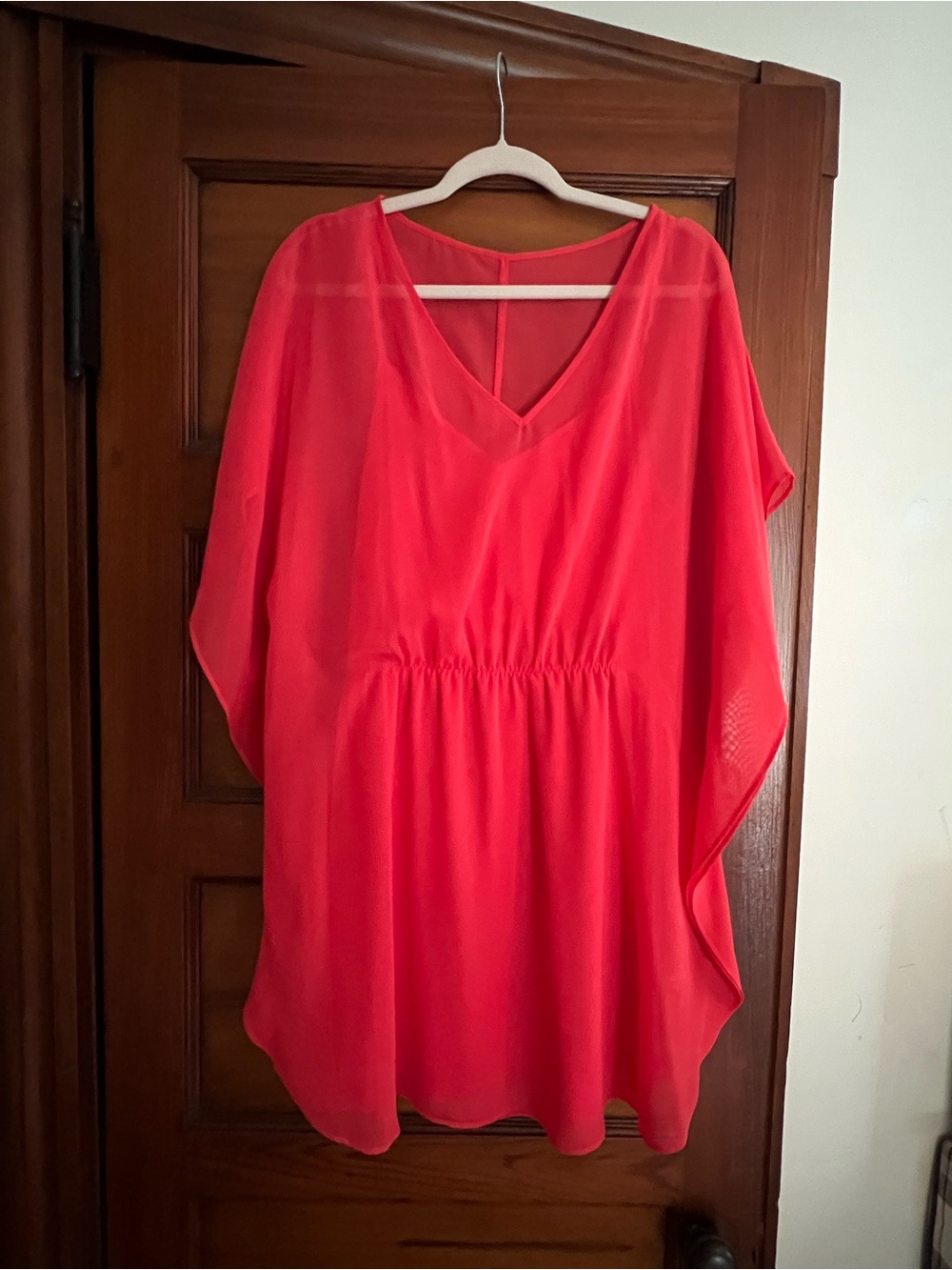 Express Coral Pink Chiffon Kaftan Cape Sleeve Dress L